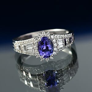 D'Joy AAA Tanzanite and White Zircon 1.50 ctw Starburst Ring in Rhodium Over Sterling Silver (Size 5.0)