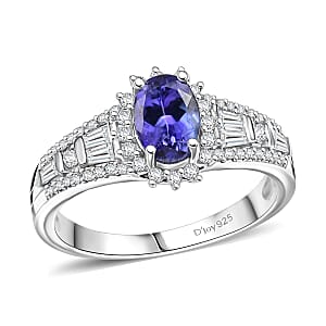 D'Joy AAA Tanzanite and White Zircon 1.50 ctw Starburst Ring in Rhodium Over Sterling Silver (Size 7.0)