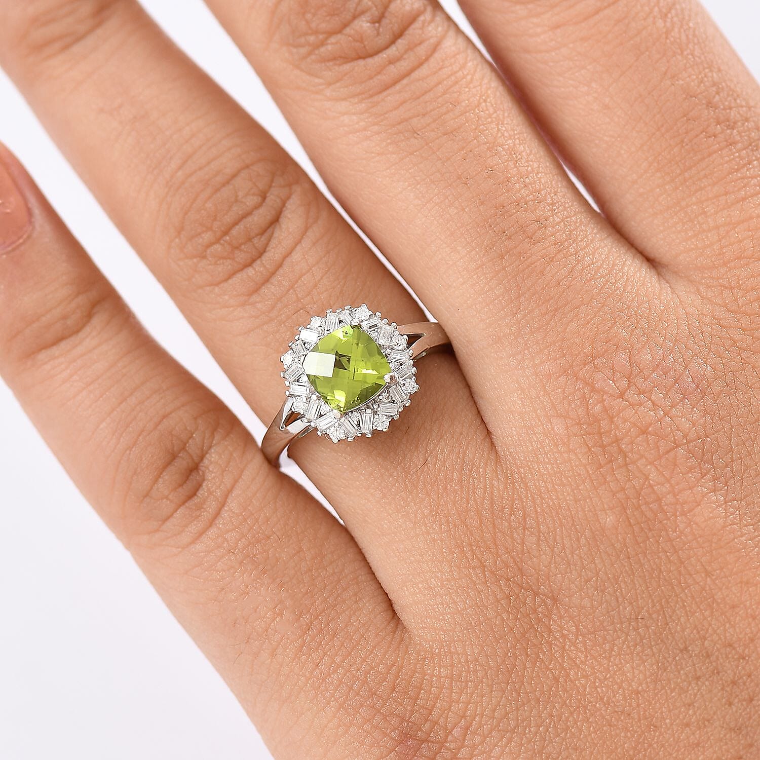 D'Joy Hebei Peridot and Moissanite 1.90 ctw Lime Blossom Ring in Rhodium Over Sterling Silver (Size 10.0)