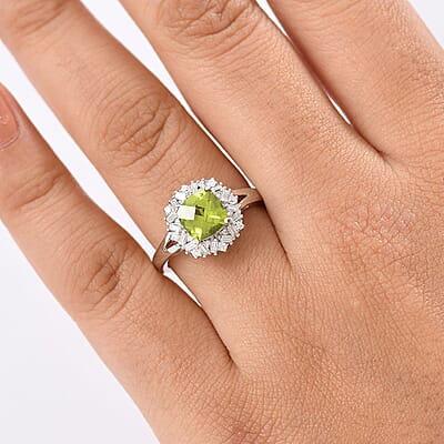 D'Joy Hebei Peridot and Moissanite 1.90 ctw Lime Blossom Ring in Rhodium Over Sterling Silver (Size 10.0)
