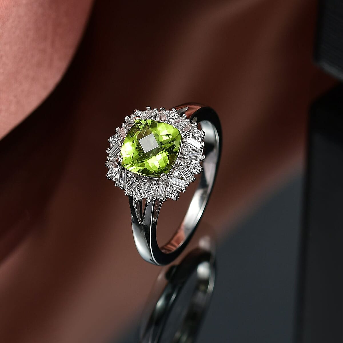 D'Joy Hebei Peridot and Moissanite 1.90 ctw Lime Blossom Ring in Rhodium Over Sterling Silver (Size 9.0) image number 1
