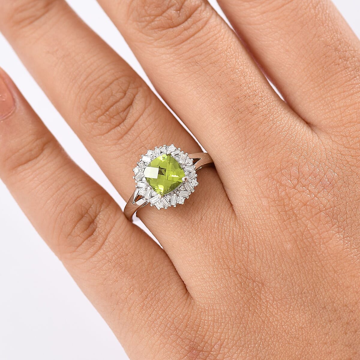 D'Joy Hebei Peridot and Moissanite 1.90 ctw Lime Blossom Ring in Rhodium Over Sterling Silver (Size 9.0) image number 2