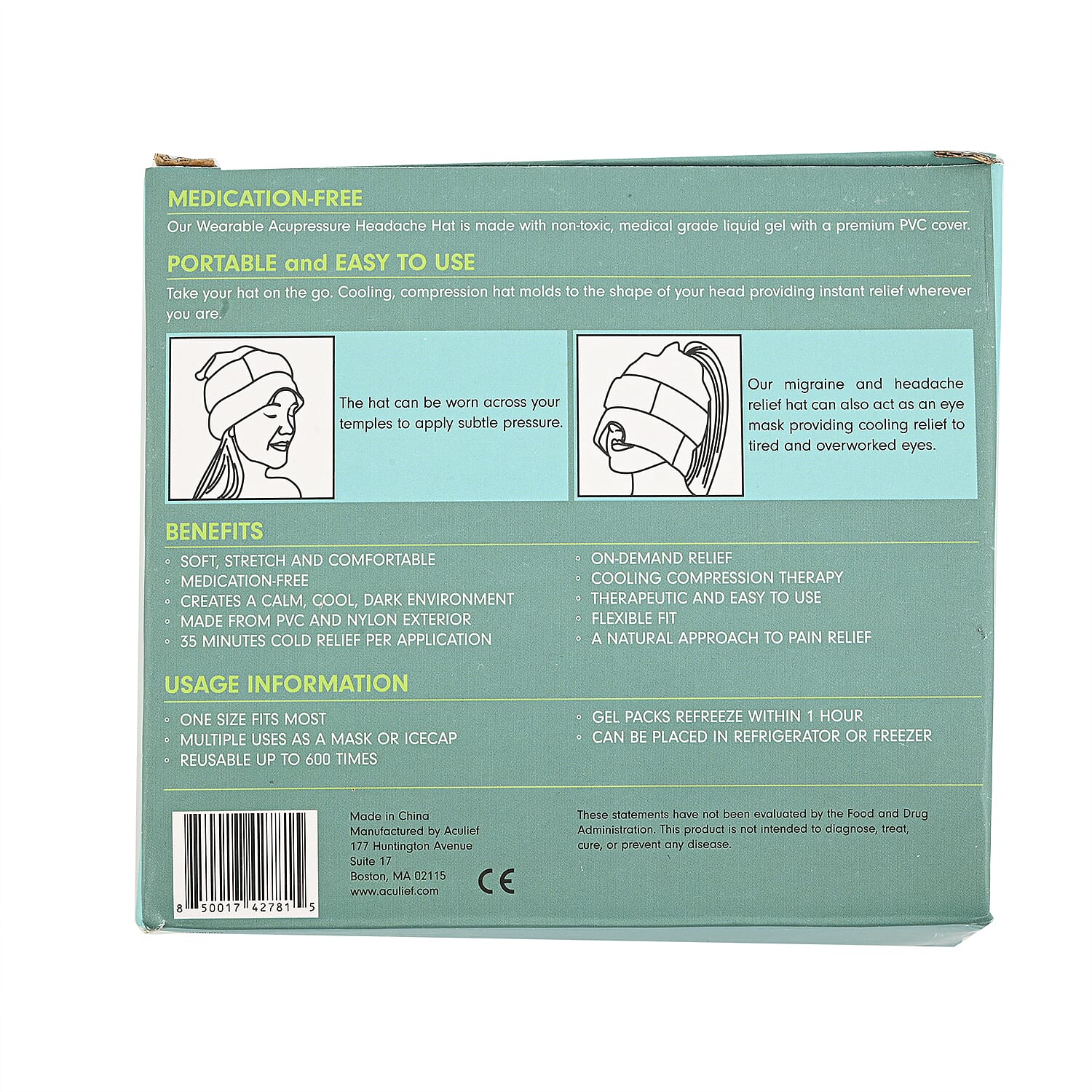 Aculief Wearable Acupressure Headache & Migraine Relief Hat- Teal