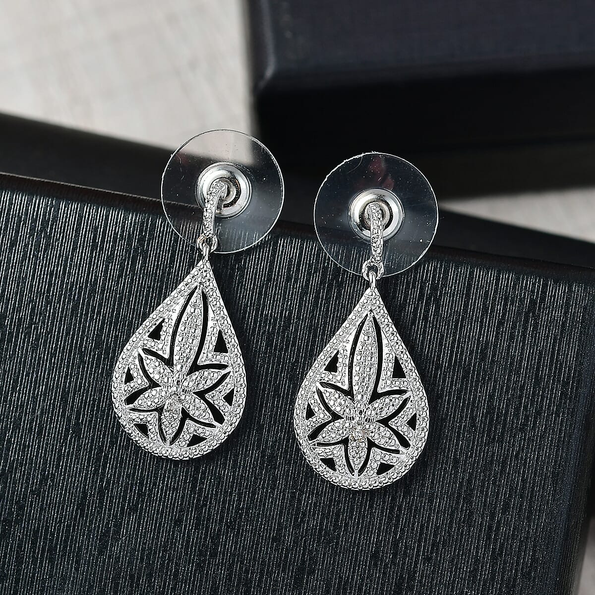 EverTrue White Diamond Accent Floral Earrings in Platinum Bond image number 1
