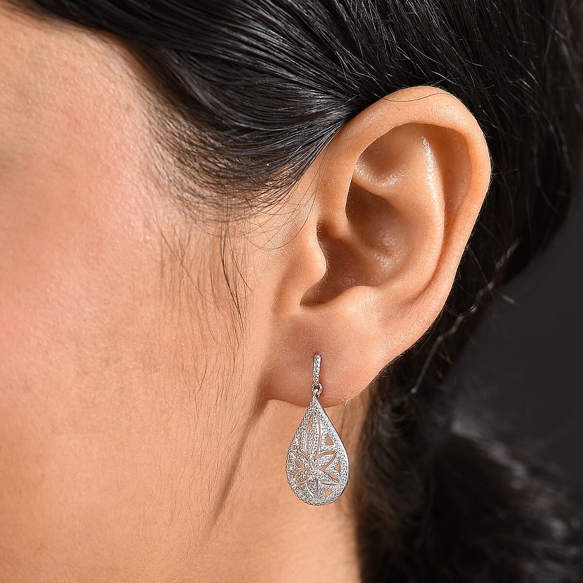 EverTrue White Diamond Accent Floral Earrings in Platinum Bond image number 2