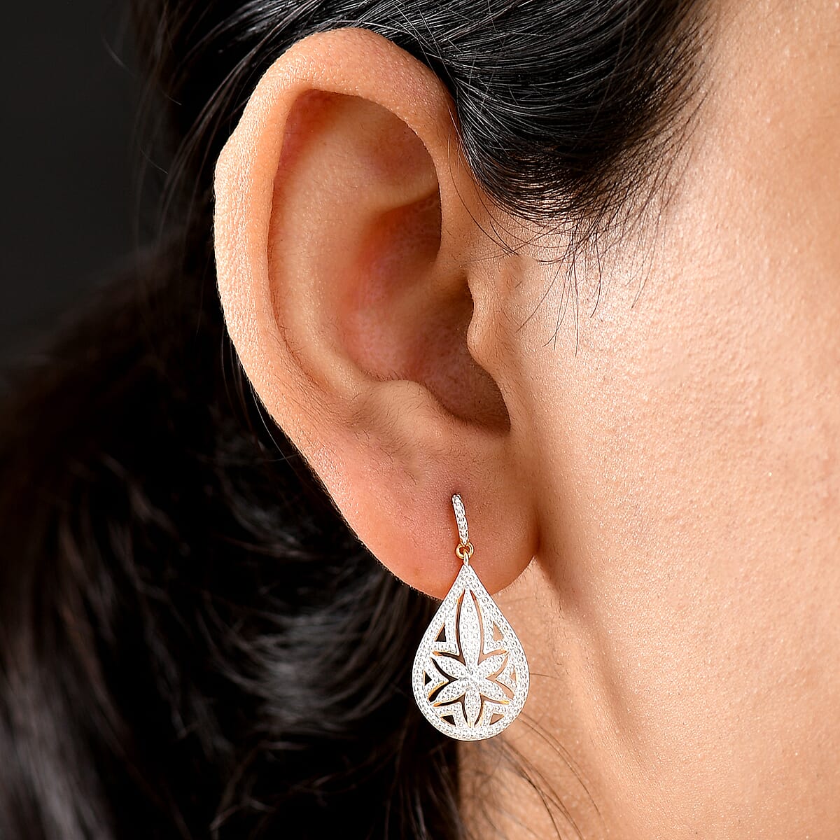 EverTrue White Diamond Accent Floral Earrings in 18K YG Plated and Platinum Bond image number 2