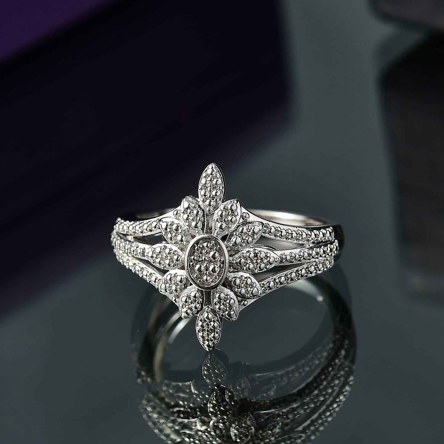 EverTrue White Diamond Accent Floral Ring in Platinum Bond (Size 5.0)
