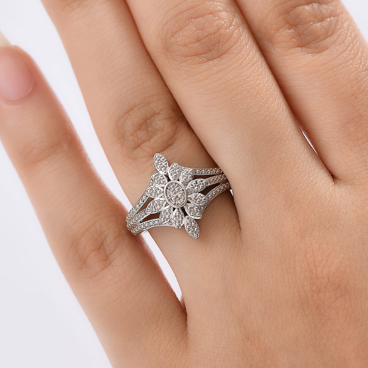 EverTrue White Diamond Accent Floral Ring in Platinum Bond (Size 9.0) image number 2