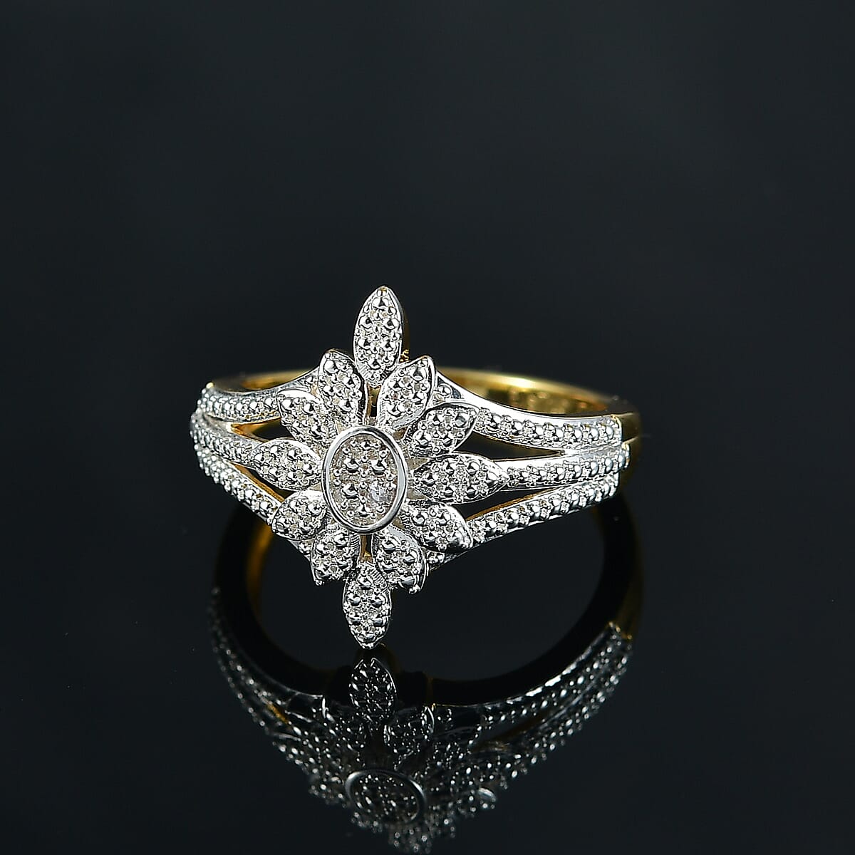 EverTrue White Diamond Accent Floral Ring in 18K YG Plated and Platinum Bond (Size 9.0) image number 1