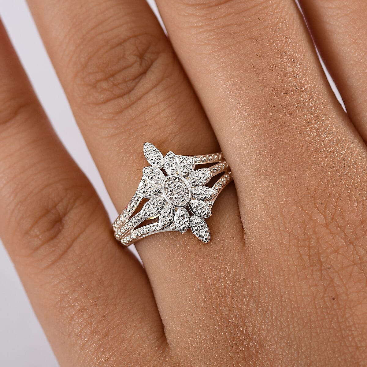 EverTrue White Diamond Accent Floral Ring in 18K YG Plated and Platinum Bond (Size 9.0) image number 2
