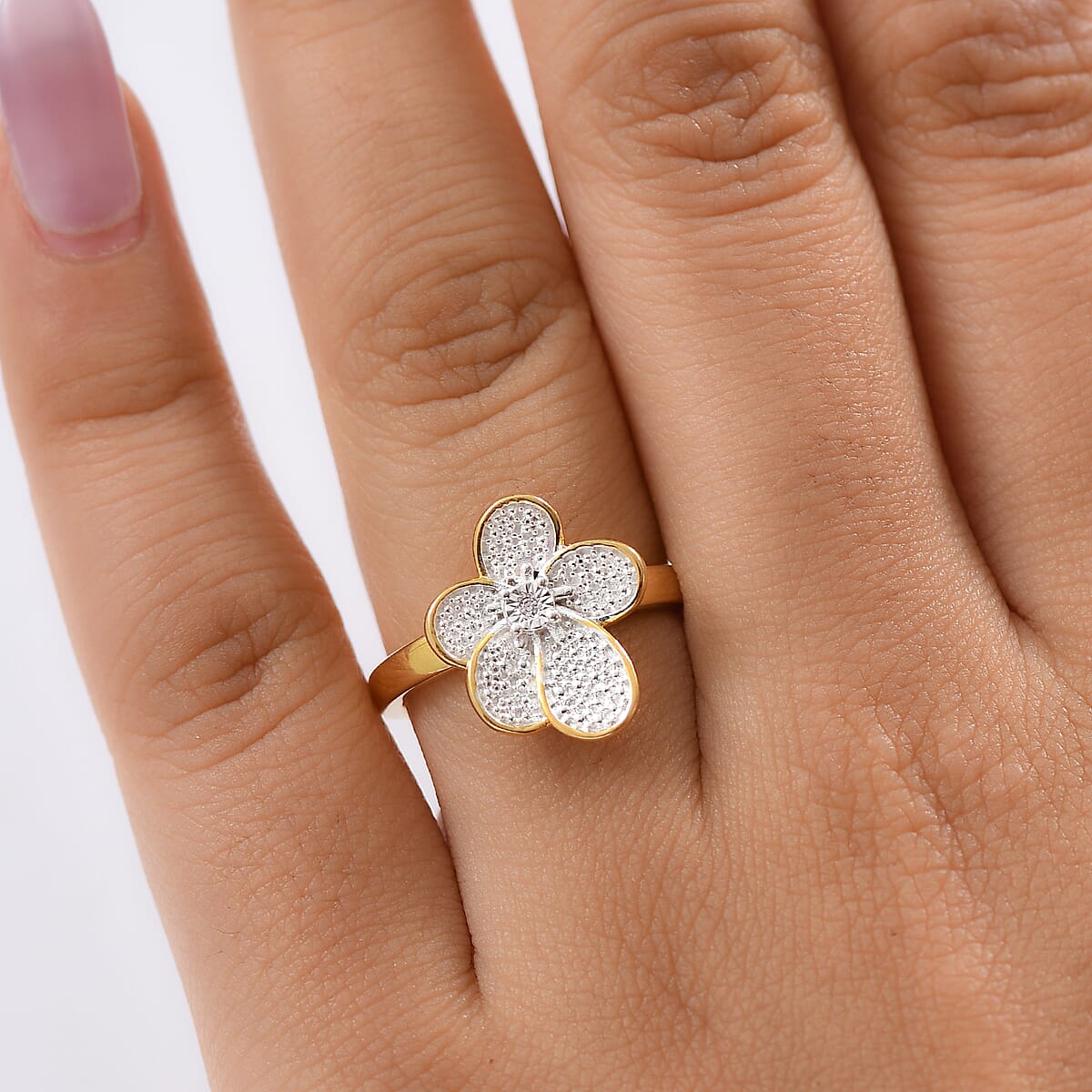 EverTrue White Diamond Accent Petal Radiance Ring in 18K YG Plated and Platinum Bond (Size 7.0) image number 2