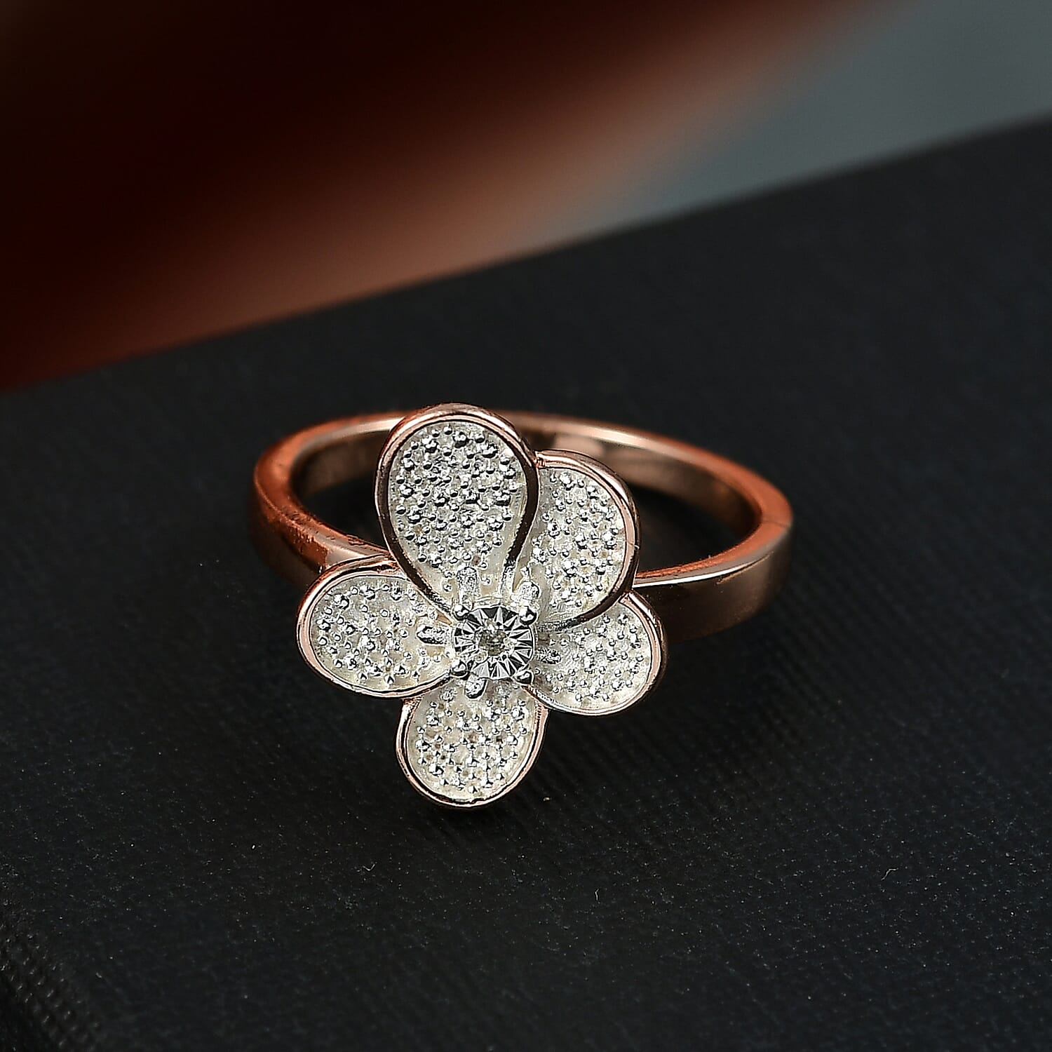 EverTrue White Diamond Accent Petal Radiance Ring in 18K RG Plated and Platinum Bond (Size 10.0)
