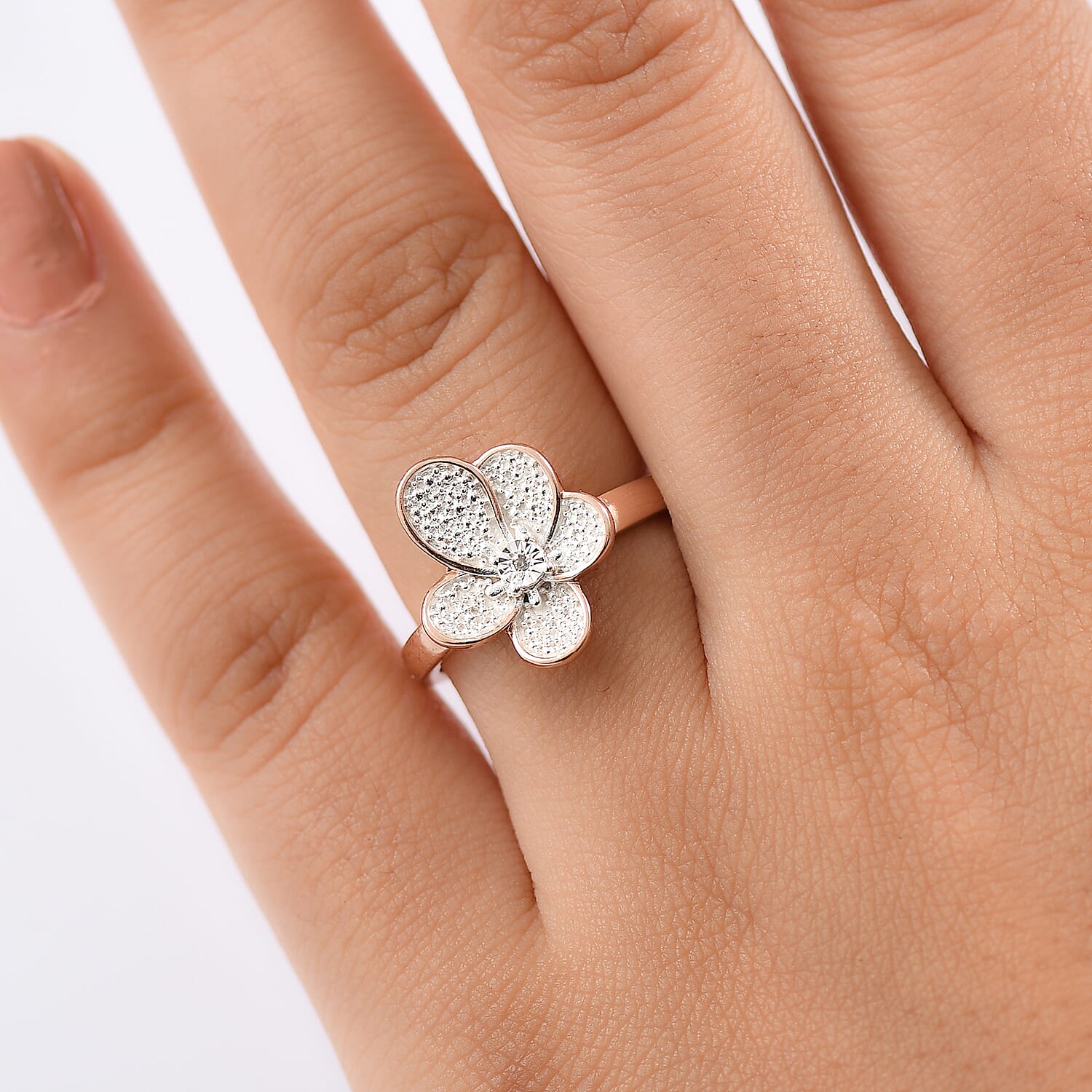 EverTrue White Diamond Accent Petal Radiance Ring in 18K RG Plated and Platinum Bond (Size 10.0)