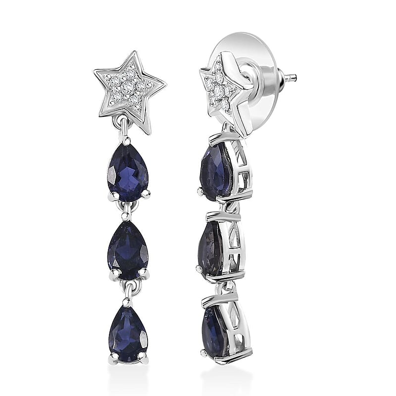 D'Joy Catalina Iolite and White Zircon 2.10 ctw Astra Drops Earrings in Rhodium Over Sterling Silver