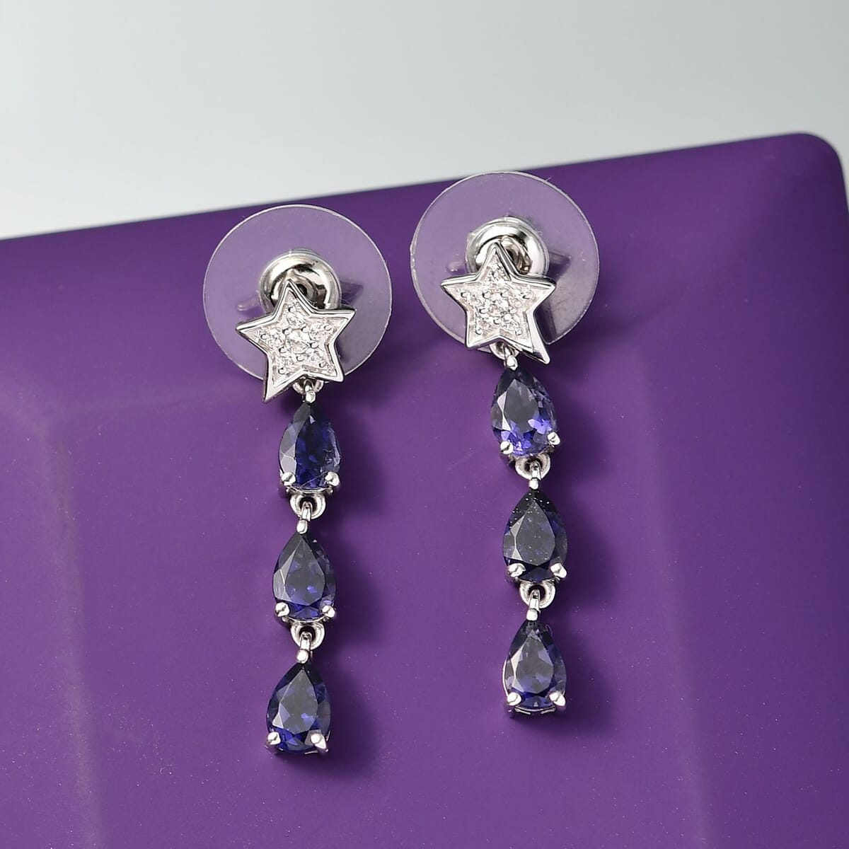 D'Joy Catalina Iolite and White Zircon 2.10 ctw Astra Drops Earrings in Rhodium Over Sterling Silver image number 1
