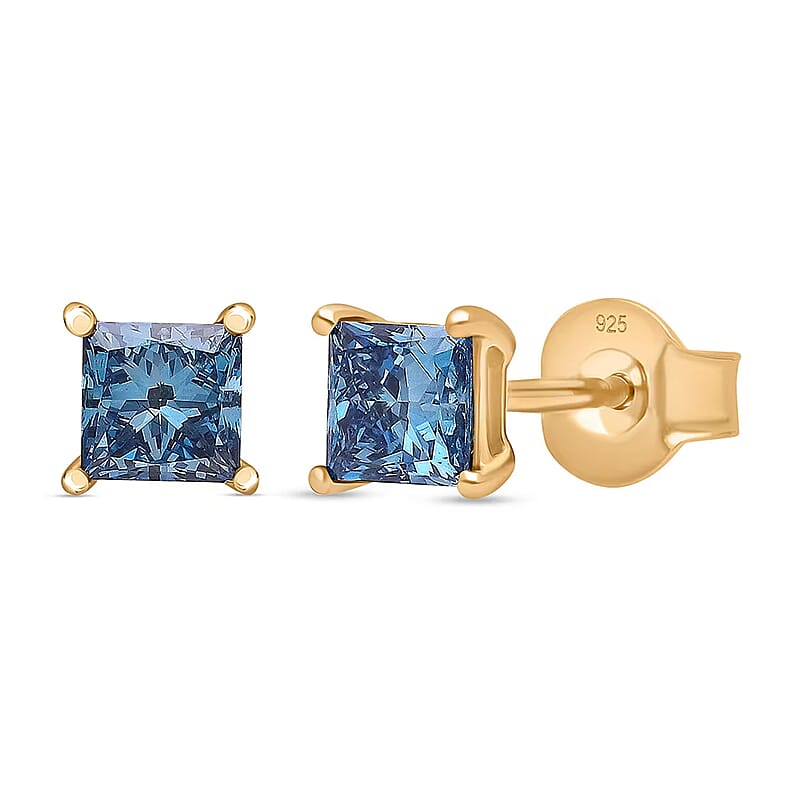 Luxuriant Lab Grown Blue Diamond (IR) SI 1.00 ctw Solitaire Stud Earring in 18K Vermeil Yellow Gold Over Sterling Silver
