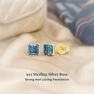 Luxuriant Lab Grown Blue Diamond (IR) SI 1.00 ctw Solitaire Stud Earring in 18K Vermeil Yellow Gold Over Sterling Silver