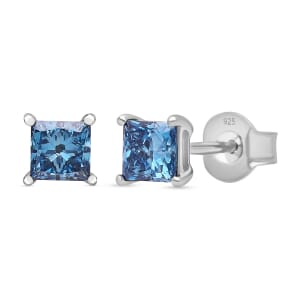 Luxuriant Lab Grown Blue Diamond SI 1.00 ctw Solitaire Stud Earrings in Rhodium Over Sterling Silver