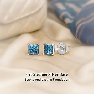 Luxuriant Lab Grown Blue Diamond (IR) SI 1.00 ctw Solitaire Stud Earrings in Rhodium Over Sterling Silver
