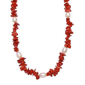 Sponge Coral and Fresh Water Pearl 125.00 ctw Necklace in Rhodium Over Sterling Silver (18 Inches)