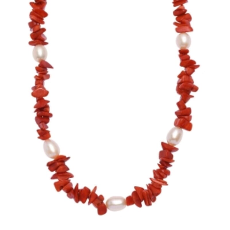 Sponge Coral and Fresh Water Pearl 125.00 ctw Necklace in Rhodium Over Sterling Silver (18 Inches)