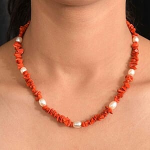 Sponge Coral and Fresh Water Pearl 125.00 ctw Necklace in Rhodium Over Sterling Silver (18 Inches)