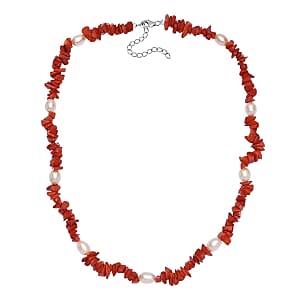 Sponge Coral and Fresh Water Pearl 125.00 ctw Necklace in Rhodium Over Sterling Silver (18 Inches)