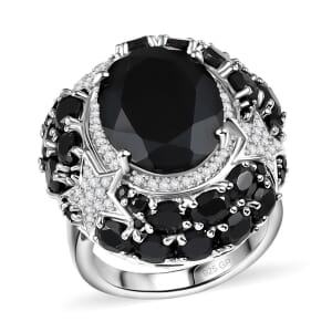 GP Celestial Dream Collection Thai Black Spinel and White Zircon 16.10 ctw Ring in Rhodium Over Sterling Silver (Size 10.0)