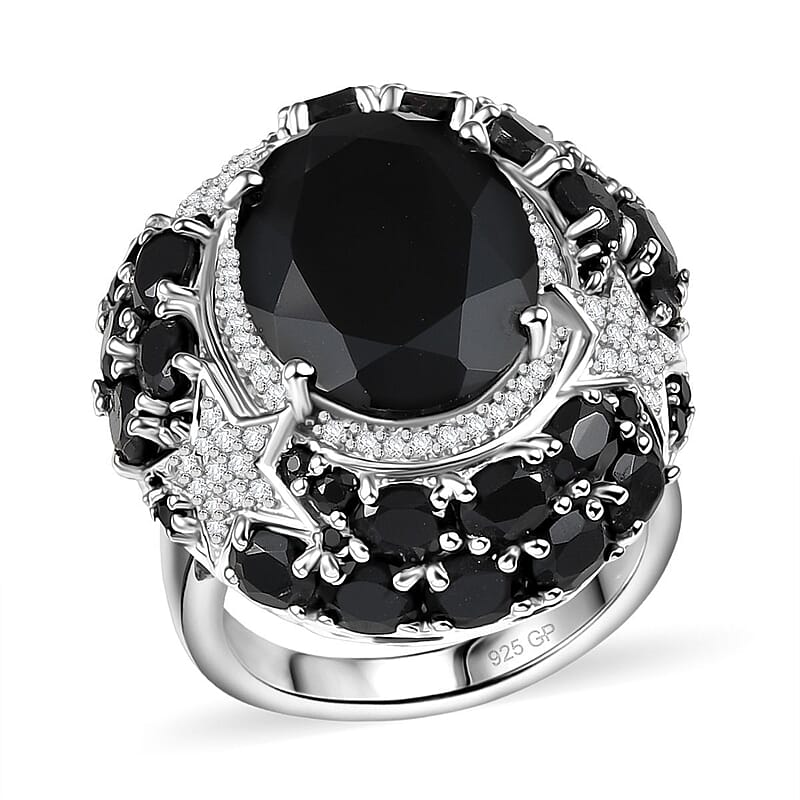 GP Celestial Dream Collection Thai Black Spinel and White Zircon 16.10 ctw Ring in Rhodium Over Sterling Silver (Size 10.0)