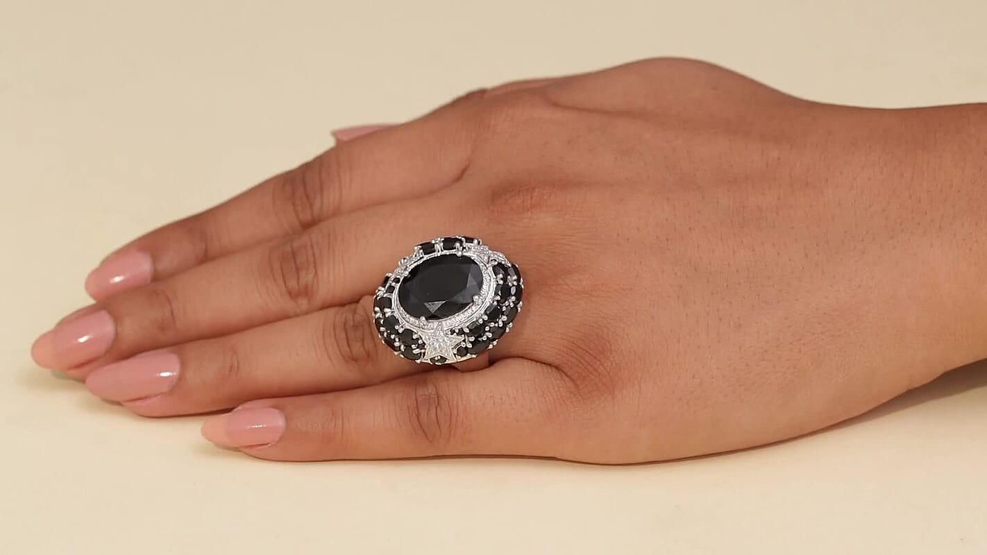GP Thai Black Spinel and White Zircon 16.10 ctw Ring in Rhodium Over Sterling Silver (Size 10.0)