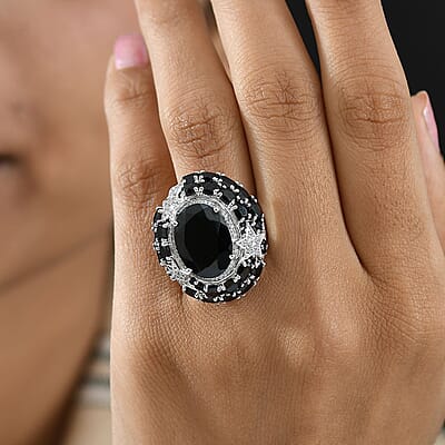 GP Celestial Dream Collection Thai Black Spinel and White Zircon 16.10 ctw Ring in Rhodium Over Sterling Silver (Size 10.0)