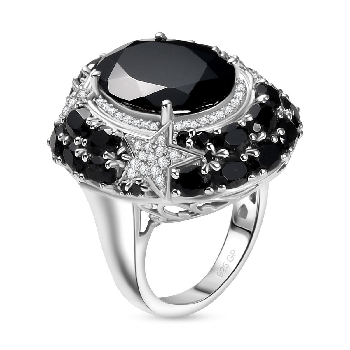 GP Celestial Dream Collection Thai Black Spinel and White Zircon 16.10 ctw Ring in Rhodium Over Sterling Silver (Size 10.0) image number 4