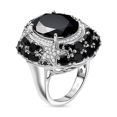 GP Celestial Dream Collection Thai Black Spinel and White Zircon 16.10 ctw Ring in Rhodium Over Sterling Silver (Size 10.0)