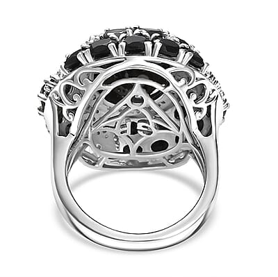 GP Celestial Dream Collection Thai Black Spinel and White Zircon 16.10 ctw Ring in Rhodium Over Sterling Silver (Size 10.0)