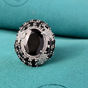 GP Celestial Dream Collection Thai Black Spinel and White Zircon 16.10 ctw Ring in Rhodium Over Sterling Silver (Size 6.0)
