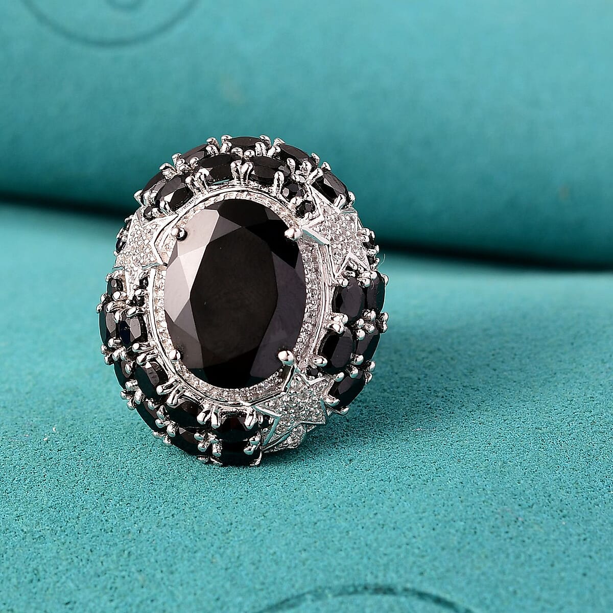 GP Celestial Dream Collection Thai Black Spinel and White Zircon 16.10 ctw Ring in Rhodium Over Sterling Silver (Size 7.0) image number 1