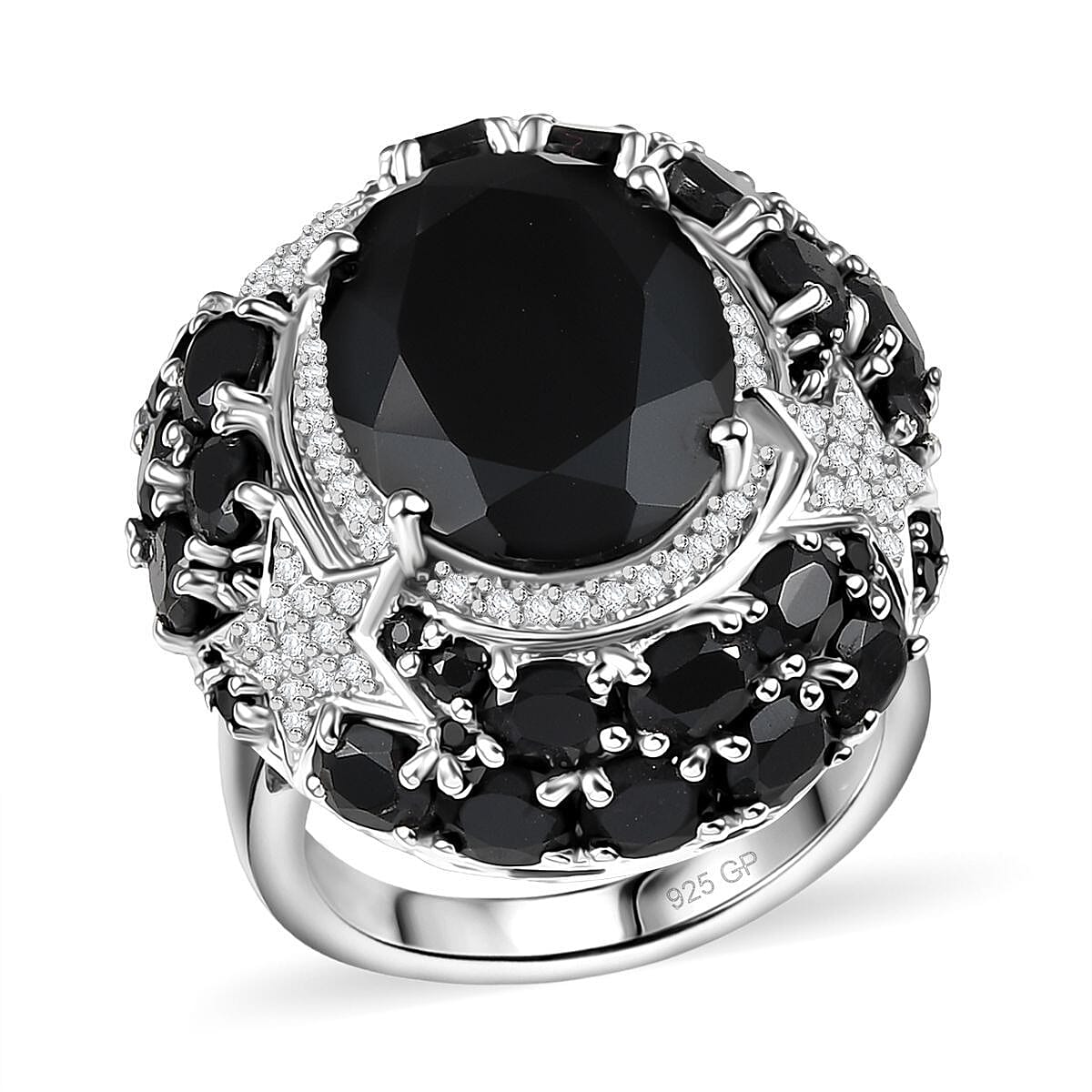 GP Celestial Dream Collection Thai Black Spinel and White Zircon 16.10 ctw Ring in Rhodium Over Sterling Silver (Size 8.0) image number 0