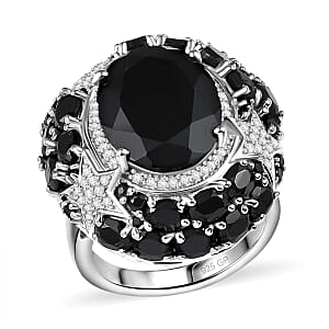 GP Celestial Dream Collection Thai Black Spinel and White Zircon 16.10 ctw Ring in Rhodium Over Sterling Silver (Size 8.0)