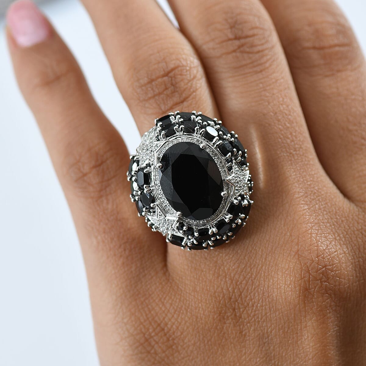GP Celestial Dream Collection Thai Black Spinel and White Zircon 16.10 ctw Ring in Rhodium Over Sterling Silver (Size 8.0) image number 2