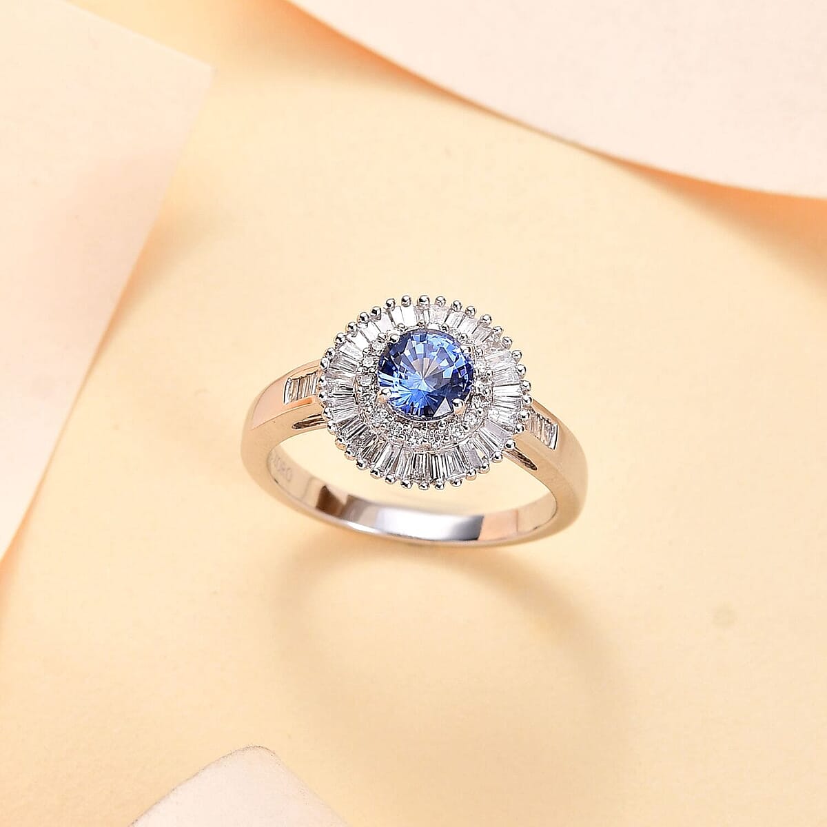 Certified & Appraised Luxoro AAA Ceylon Blue Sapphire and G-H I2 Diamond 1.32 ctw Double Halo Ring in 14K White Gold (Size 7.5) 4.05 Grams image number 1