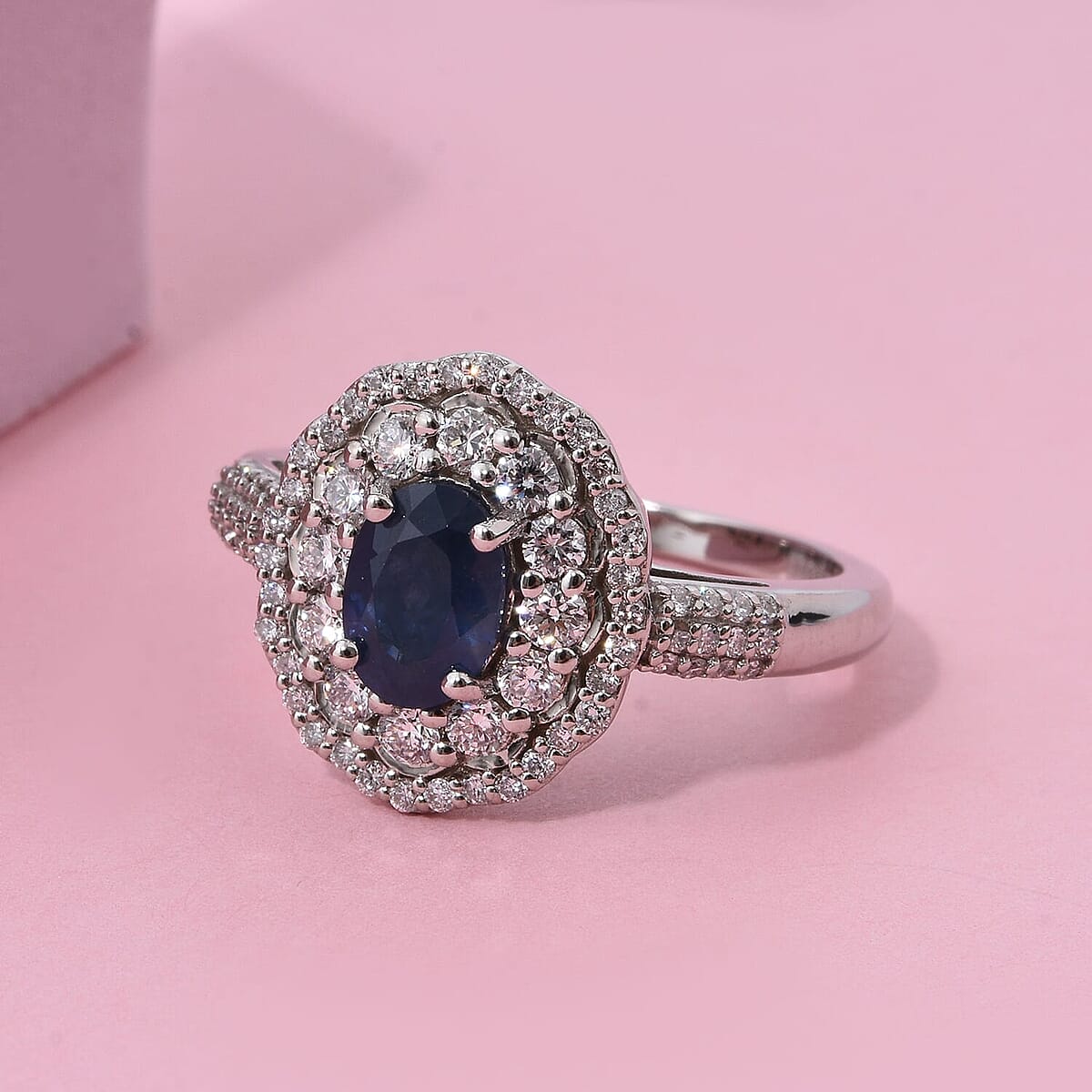 Premium Kanchanaburi Blue Sapphire and SI Luxuriant Lab Grown Diamond 1.65 ctw Crown Radiance Ring in 10K White Gold (Size 6.5) image number 1