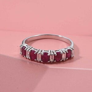 Burmese Ruby and Moissanite 2.03 ctw Ring in Rhodium Over Sterling Silver (Size 9)