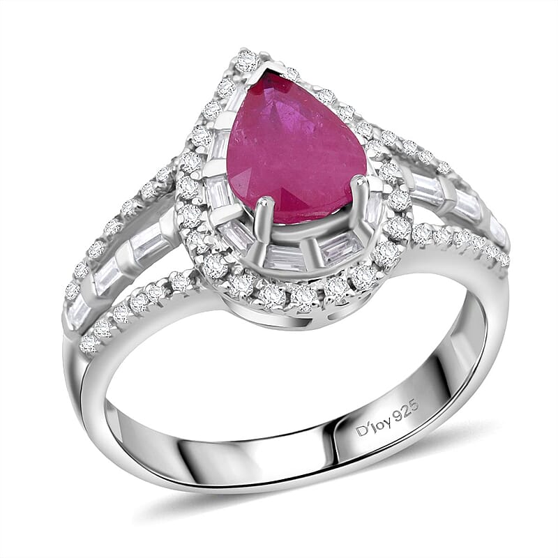 D'Joy Montepuez Ruby, Moissanite Ring in Rhodium Over Sterling Silver 2.00 ctw (Size 10.0)