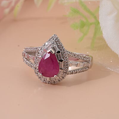 D'Joy Montepuez Ruby, Moissanite Ring in Rhodium Over Sterling Silver 2.00 ctw (Size 10.0)