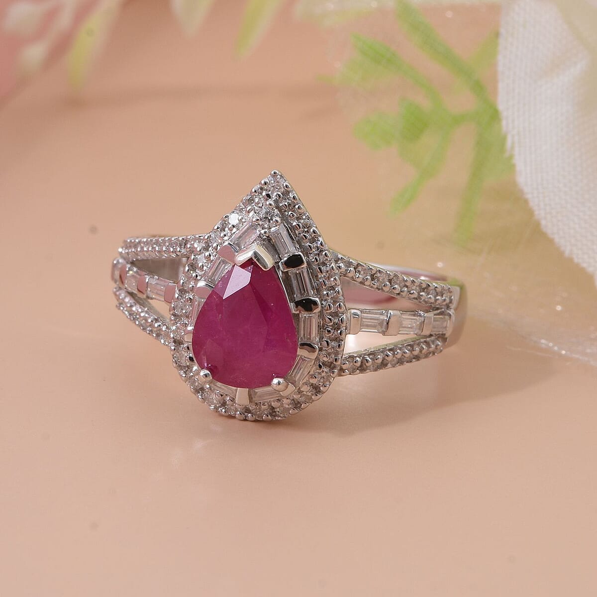 D'Joy Premium Montepuez Ruby and Moissanite 2.00 ctw Fleur de Flame Ring in Rhodium Over Sterling Silver (Size 5.0) image number 1