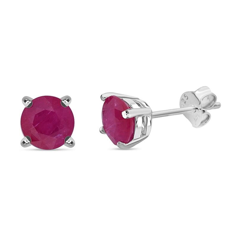 D'Joy Mozambique Ruby 2.00 ctw Solitaire Stud Earrings in Rhodium Over Sterling Silver 