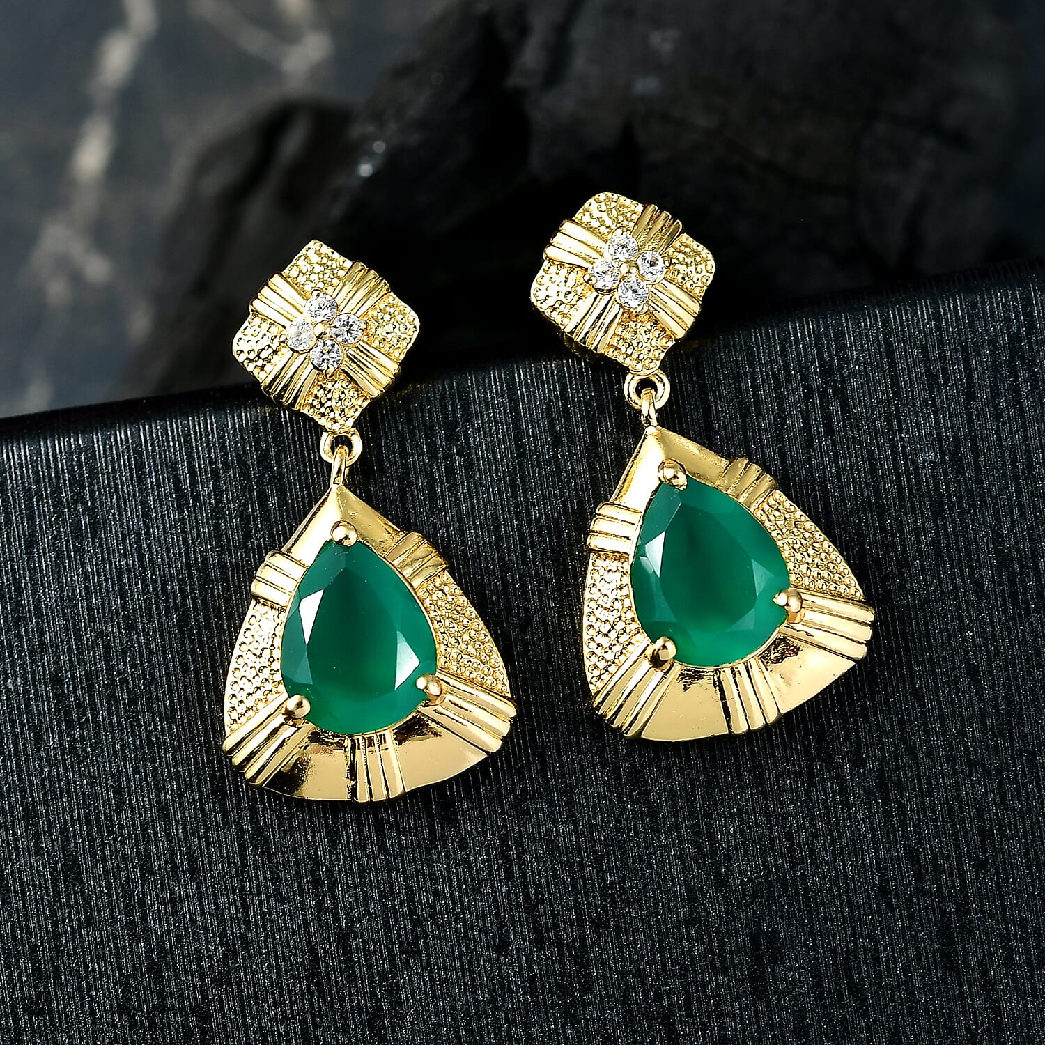 EverTrue Green Onyx and White Zircon 4.40 ctw Earrings in 18K YG Plated