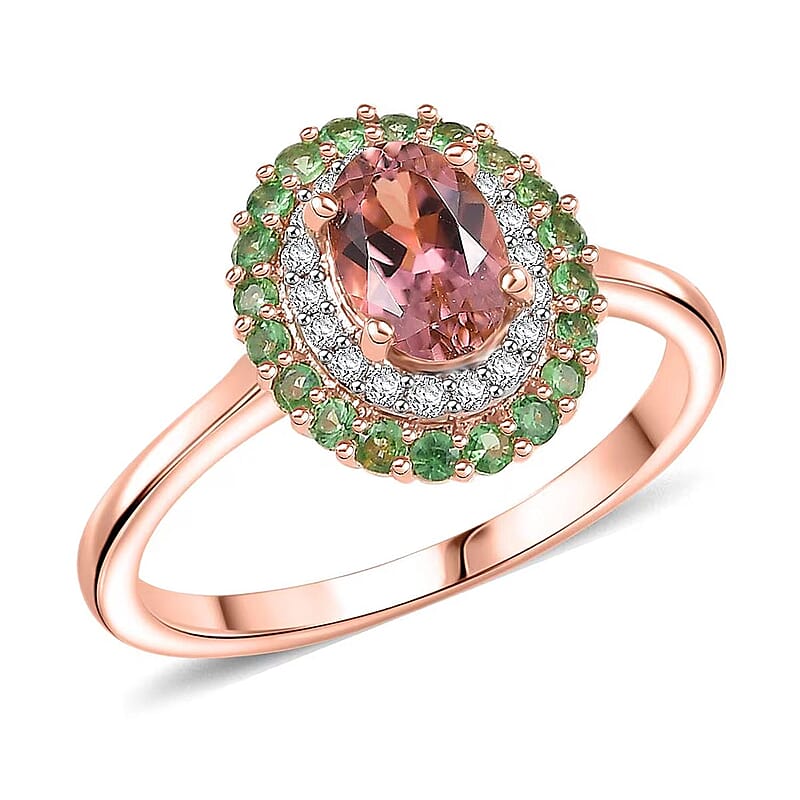 D'Joy Premium Blush Tourmaline and Multi Gemstone 1.30 ctw Floral Glint Ring in 18K Vermeil Rose Gold Over Sterling Silver (Size 10.0)
