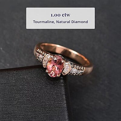 Luxoro 10K Rose Gold Premium Blush Tourmaline, Natural Champagne and White Diamond (I2) Ring (Size 10.0) 1.00 ctw