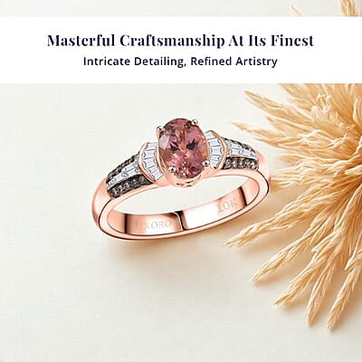 Luxoro 10K Rose Gold Premium Blush Tourmaline, Natural Champagne and White Diamond (I2) Ring (Size 10.0) 1.00 ctw